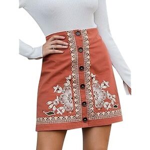 100% Cotton Embroidered Button-Front Skirt - Terracotta
